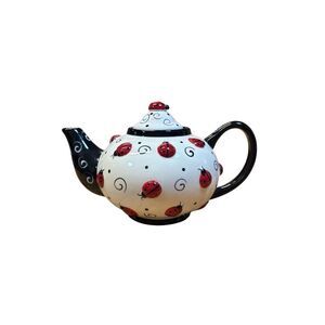 Burton + Burton Ladybug Teapot Ceramic Raised Relief Red Black White